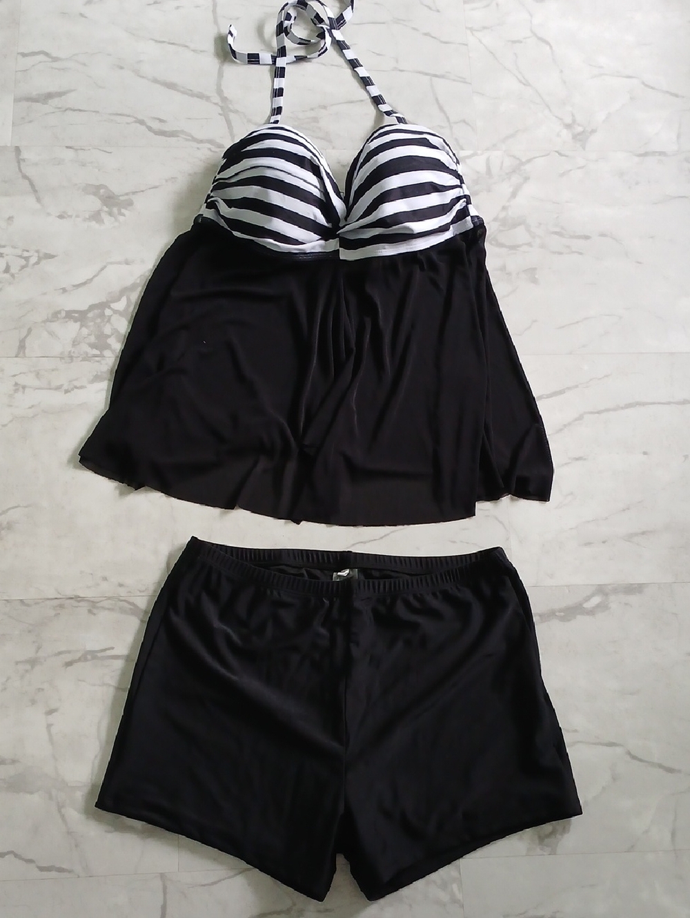 Talsea Black & White Stripe Halter Tankini Swim Set - Women